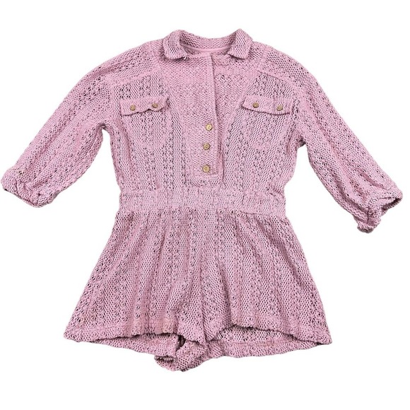 Free People Beach Pink Knit Collared Button Front Romper XS/TP Crochet Lace - Picture 2 of 11